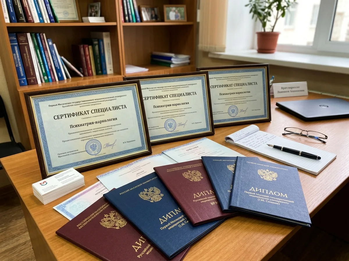 сертификаты специалистов врачей-наркологов на столе, несколько дипломов с гербами российских медицинских вузов, профессиональная атмосфера